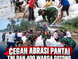 Cegah Abrasi Pantai, TNI dan 400 Warga Gotong Royong Pasang Geobag di Polman